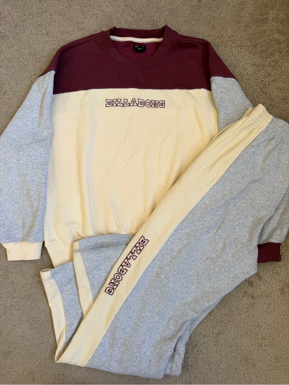 Billabong Cream, Gray & Burgundy Colorblock sweat Set